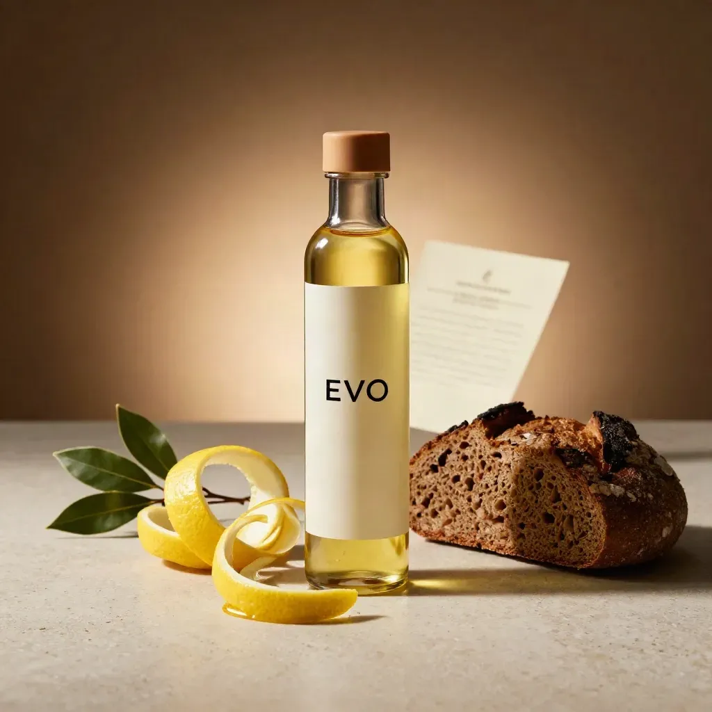 Bottiglia di olio EVO al tartufo bianco con scorza di limone, pane bruno e alloro su travertino.