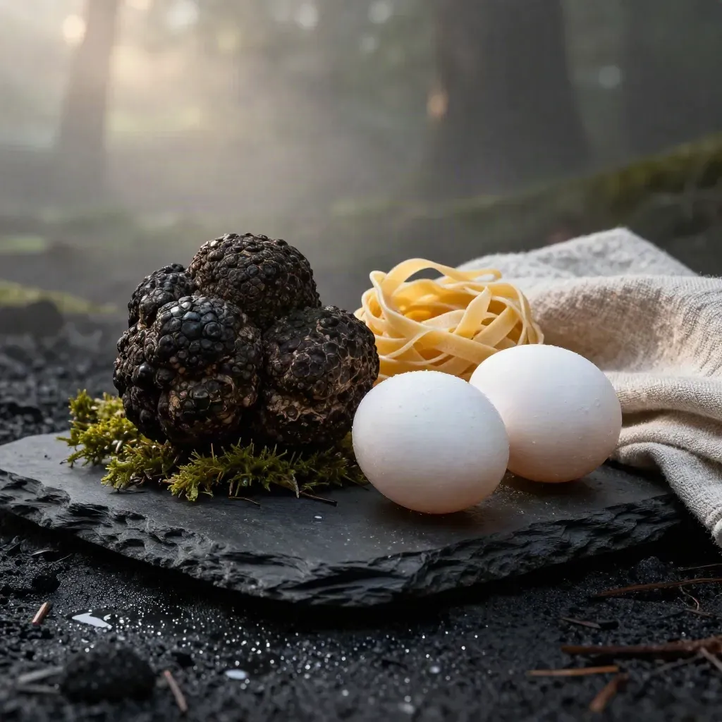 Tartufo nero d’Alba con uova, tagliatelle e lino su fondo scuro, luce d’alba
