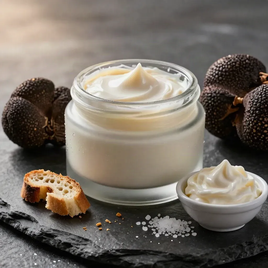 Vasetto di crema al tartufo nero su pietra umida con crostini, sale grosso e ciotolina di crema