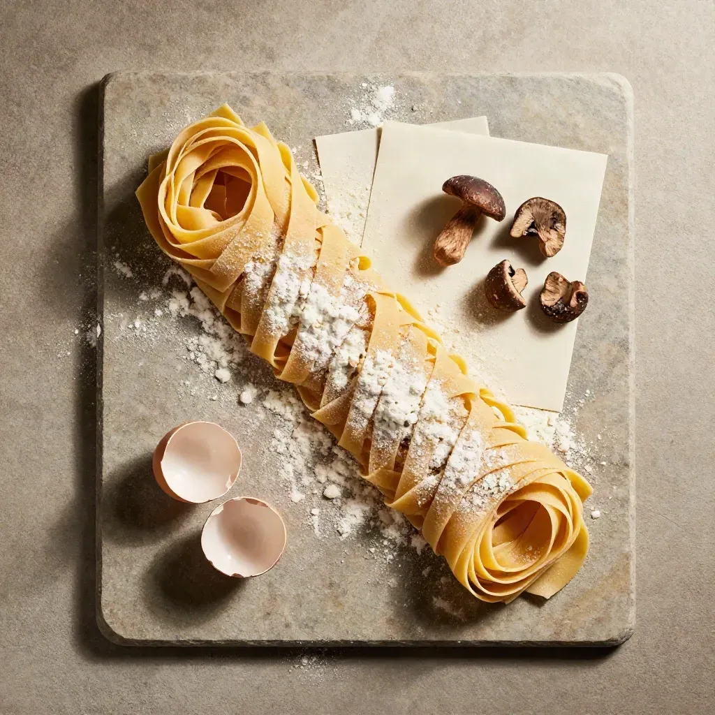 Tagliatelle al tartufo con farina, funghi secchi, gusci d’uovo e carta da pasta in flat lay