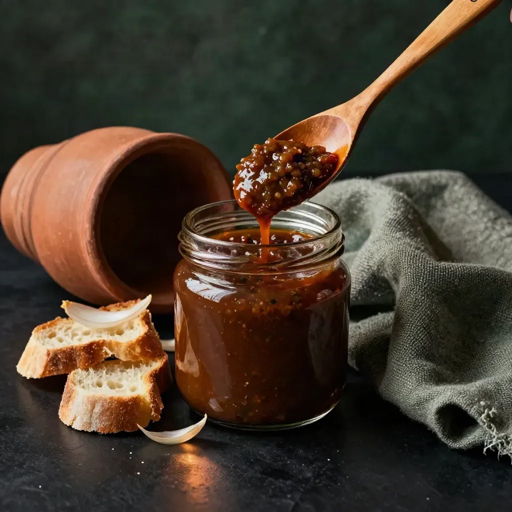 Barattolo basso di salsa tartufata rustica con cucchiaio, pane tostato e terracotta.