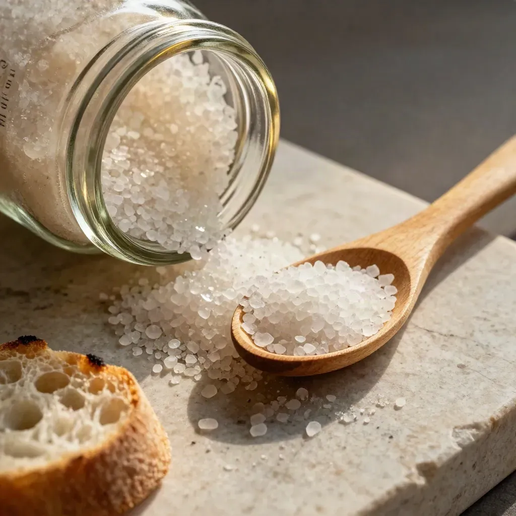 Vasetto di sale marino al tartufo con cristalli, cucchiaino di legno e pane croccante.
