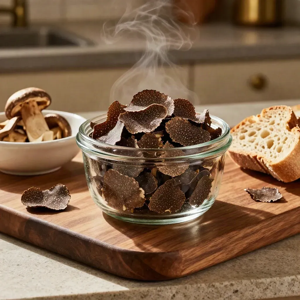 Barattolo di carpaccio di tartufo con porcini, ceramica rustica e pane su tavola di noce.