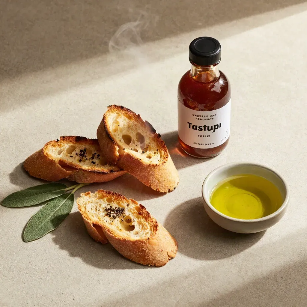 Bottiglia di condimento al tartufo con crostini, pepe nero, salvia e ciotolina d’olio in flatlay.