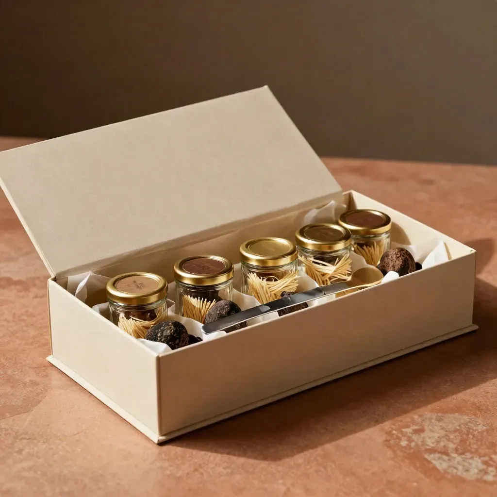 Kit degustazione al tartufo aperto con vasetti allineati, carta velina e coltellino su plinto caldo.