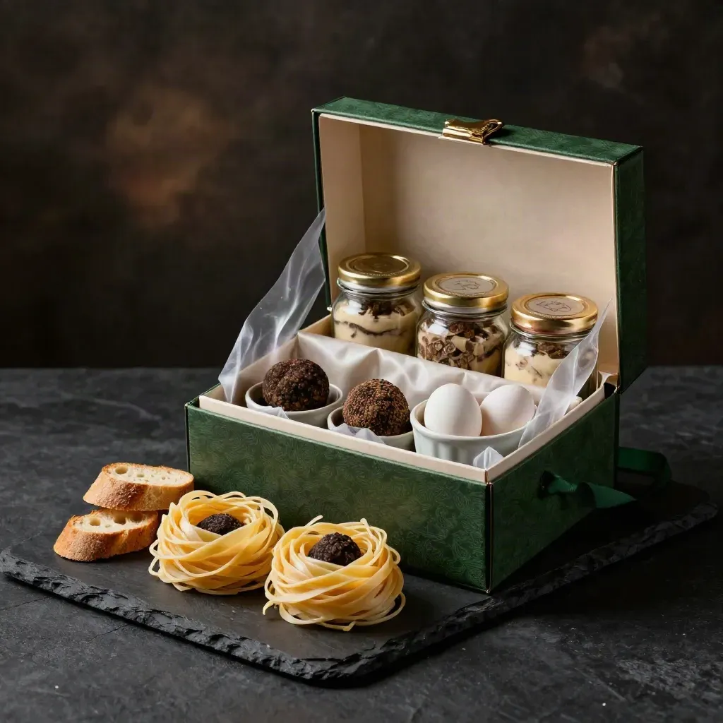 Box degustazione al tartufo aperta con pasta, uova, crostini e carta velina