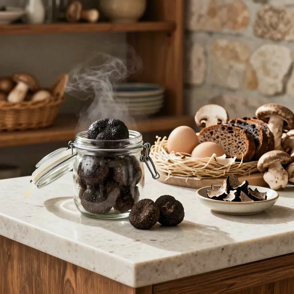 Barattolo di tartufo nero estivo con uova, pane scuro e funghi su banco in travertino.