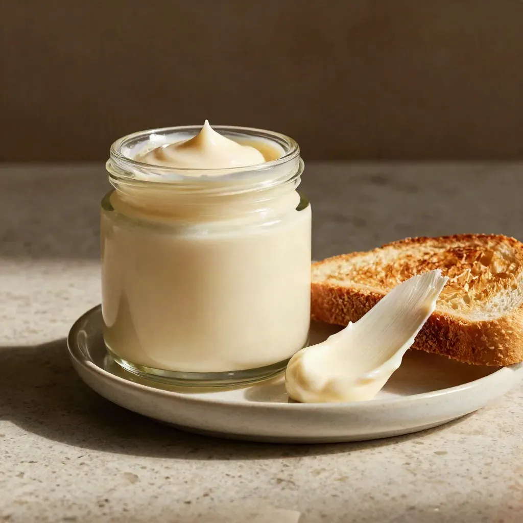 Barattolo di crema al tartufo bianco con pane e salsa su piattino