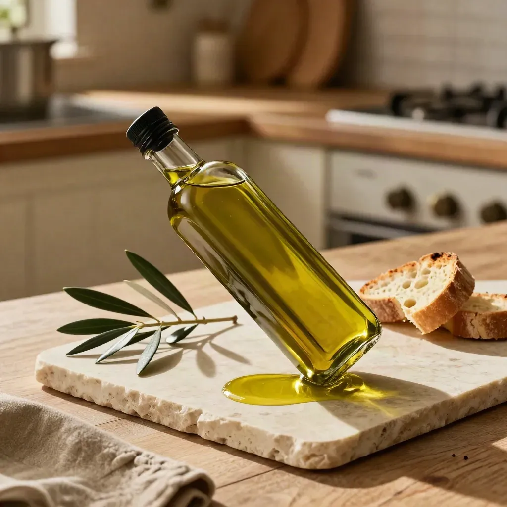 Bottiglia di olio al tartufo con rami d’olivo e pane tostato su pietra chiara.