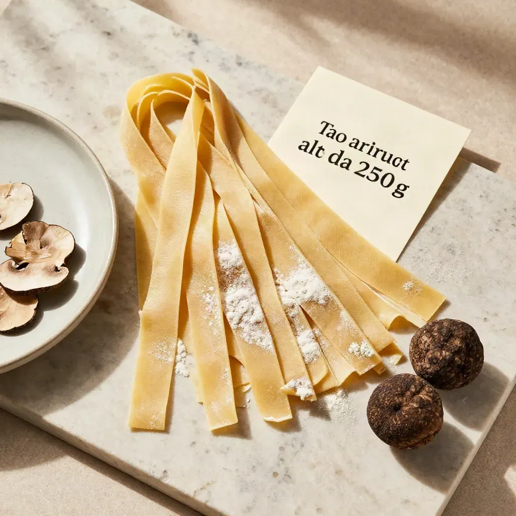 Fettuccine al tartufo con farina, funghi secchi e piattino su pietra chiara.