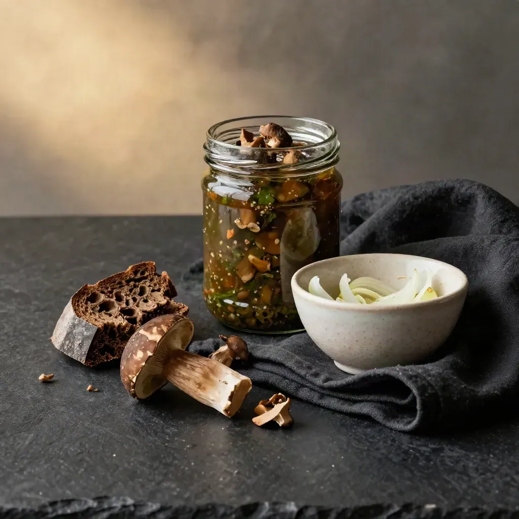 Vasetto di salsa ai funghi e tartufo con porcini, pane scuro e ceramica grezza su fondo scuro