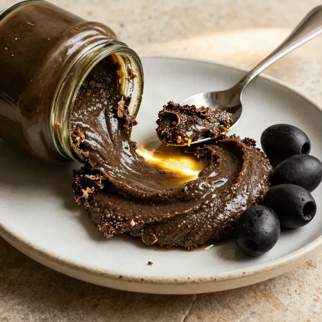 Paté di olive al tartufo in vasetto con piatto scheggiato, olive nere e cucchiaino.
