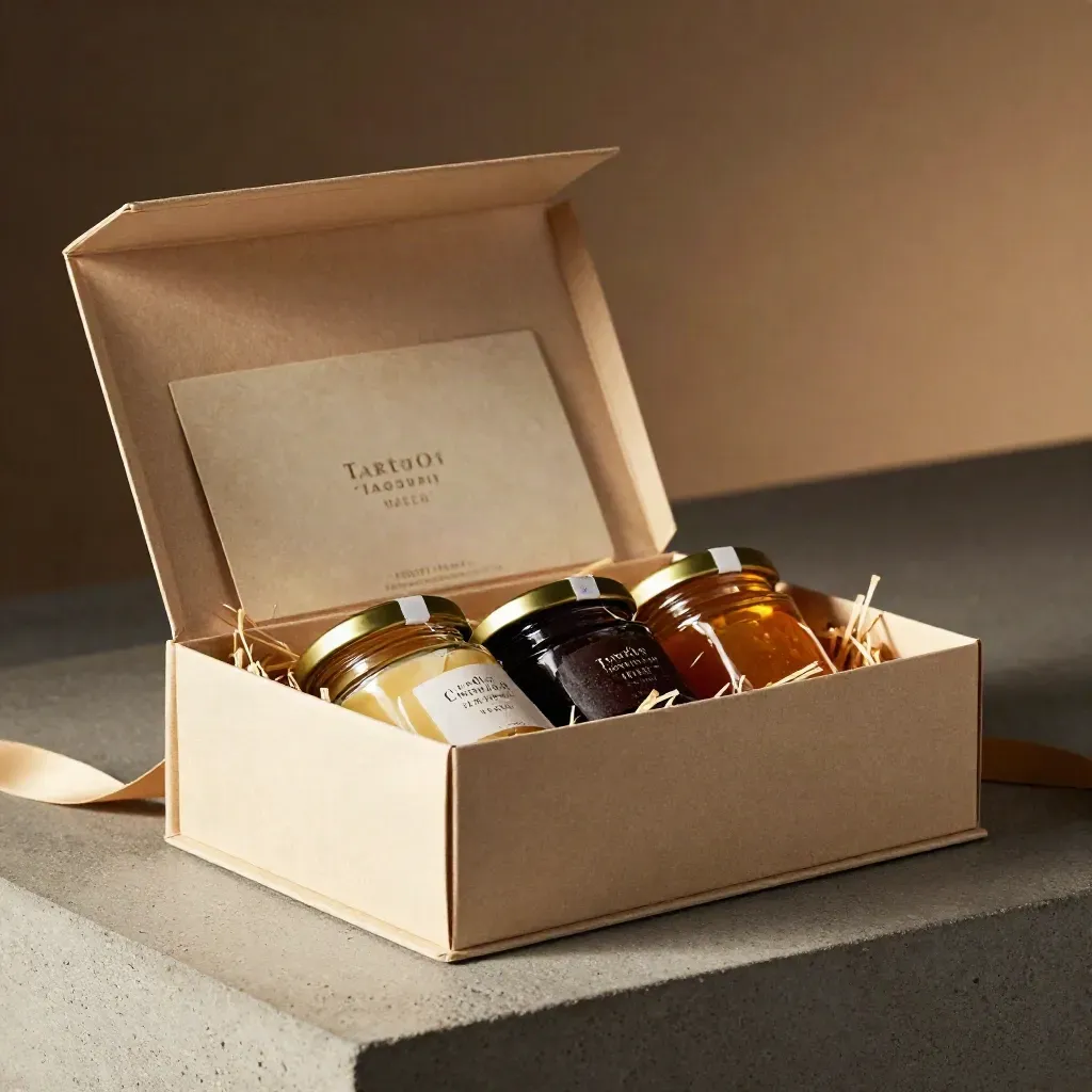 Gift box aperta con tre vasetti su paglia fine, vista di tre quarti su fondo neutro.