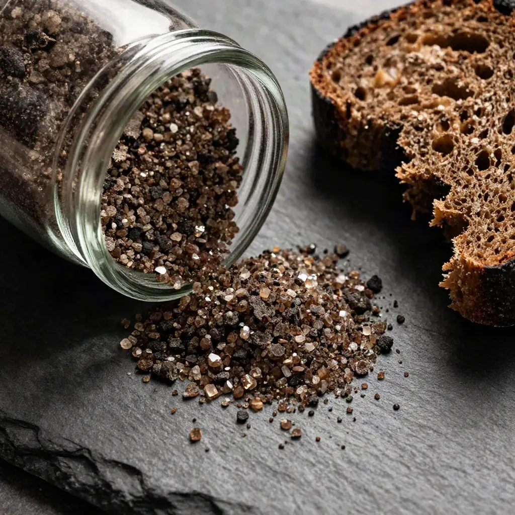 Sale nero al tartufo in vasetto, cristalli in caduta, mortaio e pane scuro, macro dall’alto.