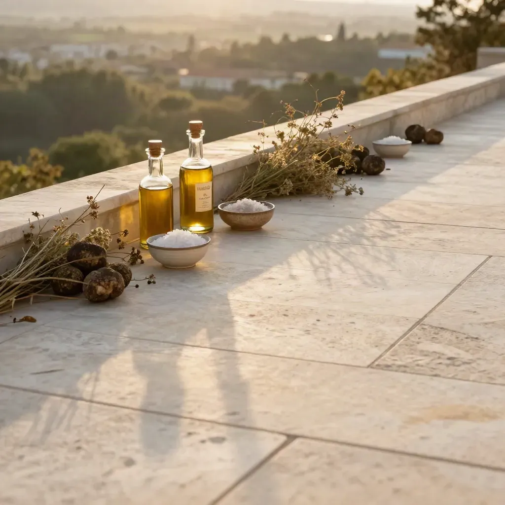 Terrazza di pietra chiara con bottiglie d’olio al tartufo, ciotoline e erbe secche al tramonto